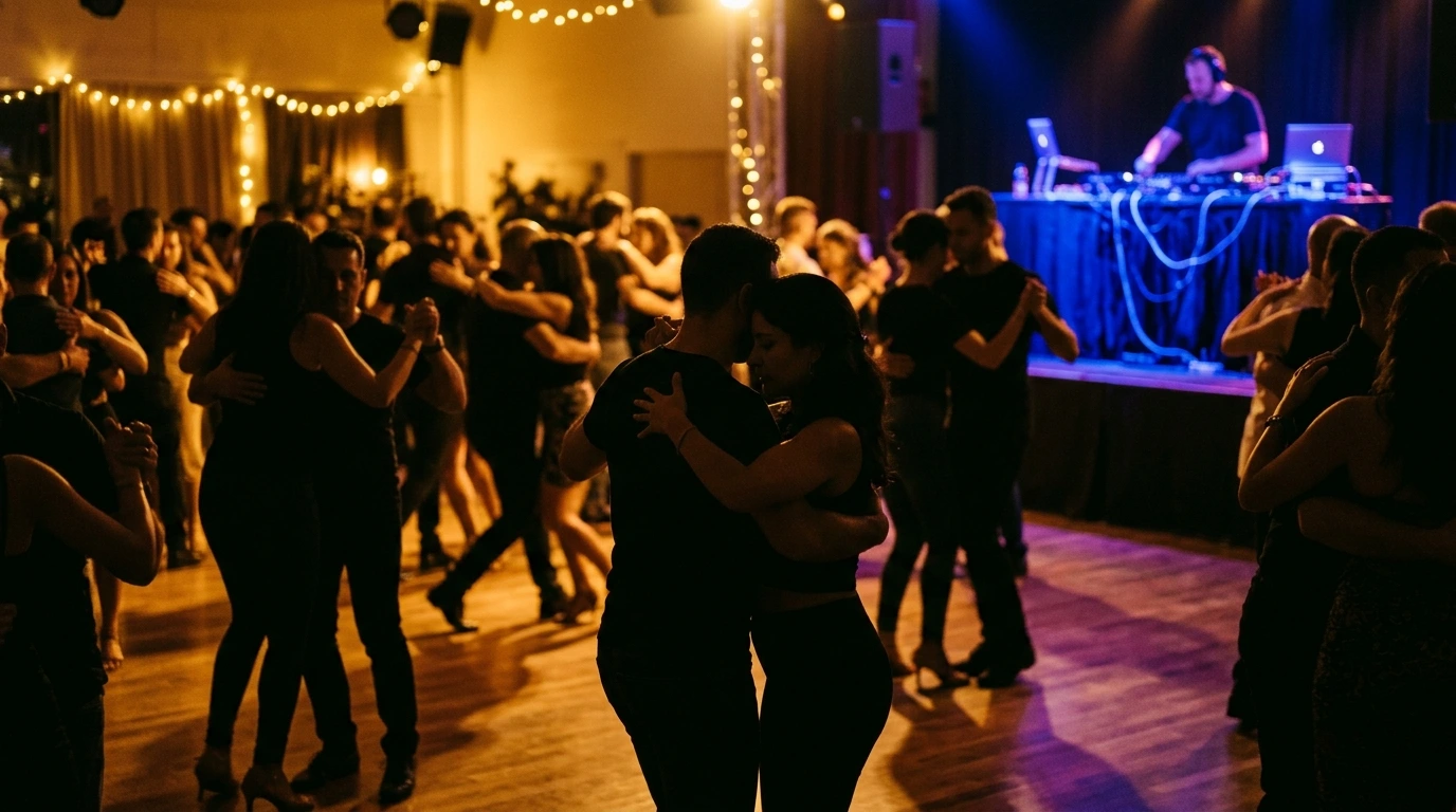 Dancers at a social in Berlin, capturing the close and connected atmosphere of a bachata night.
