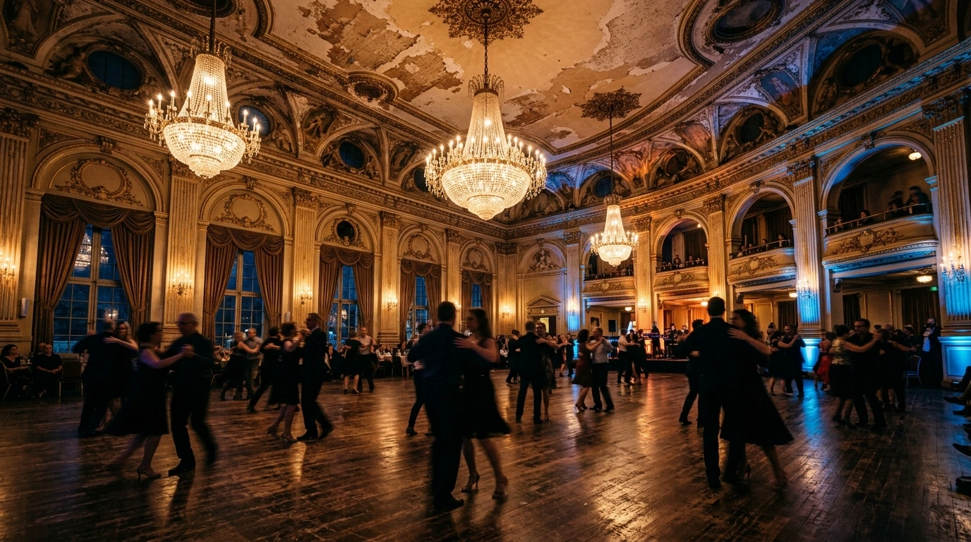 Dancers spinning on a crowded salsa floor in Los Angeles