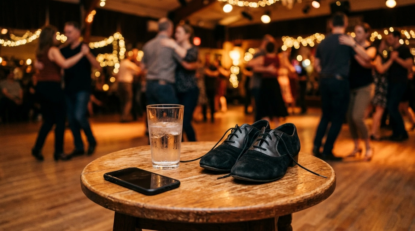 Dancers at a social in Europe, capturing the warm, low-light atmosphere of a kizomba night.